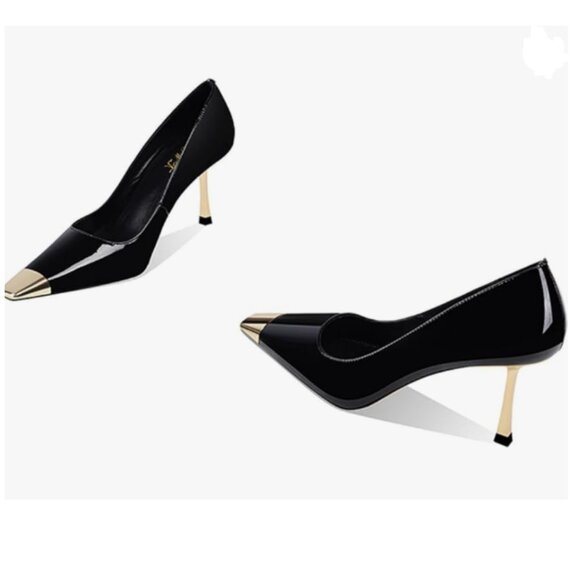 FOWT Black Metal Sqaure Cap Toe Pumps Formal Wear Shoes - Picture 1 of 7